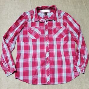 Bit & Bridle Pink Blue Plaid Embroidered Western Snap Button Shirt Womens Large